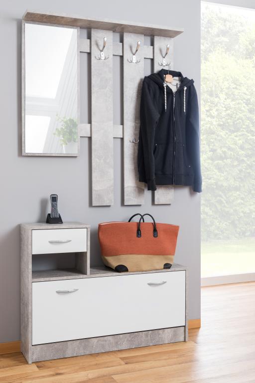 FIN - Halmeubel Rudolf - Wit/Grijs - Speigel, 3 kapstokken en 2 lades - 100x180hx25cm