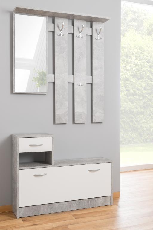 FIN - Halmeubel Rudolf - Wit/Grijs - Speigel, 3 kapstokken en 2 lades - 100x180hx25cm