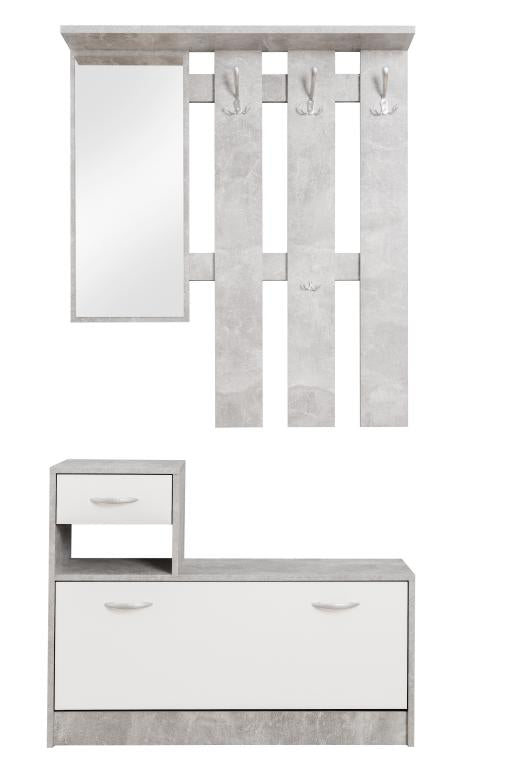 FIN - Halmeubel Rudolf - Wit/Grijs - Speigel, 3 kapstokken en 2 lades - 100x180hx25cm