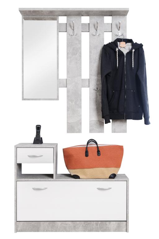 FIN - Halmeubel Rudolf - Wit/Grijs - Speigel, 3 kapstokken en 2 lades - 100x180hx25cm