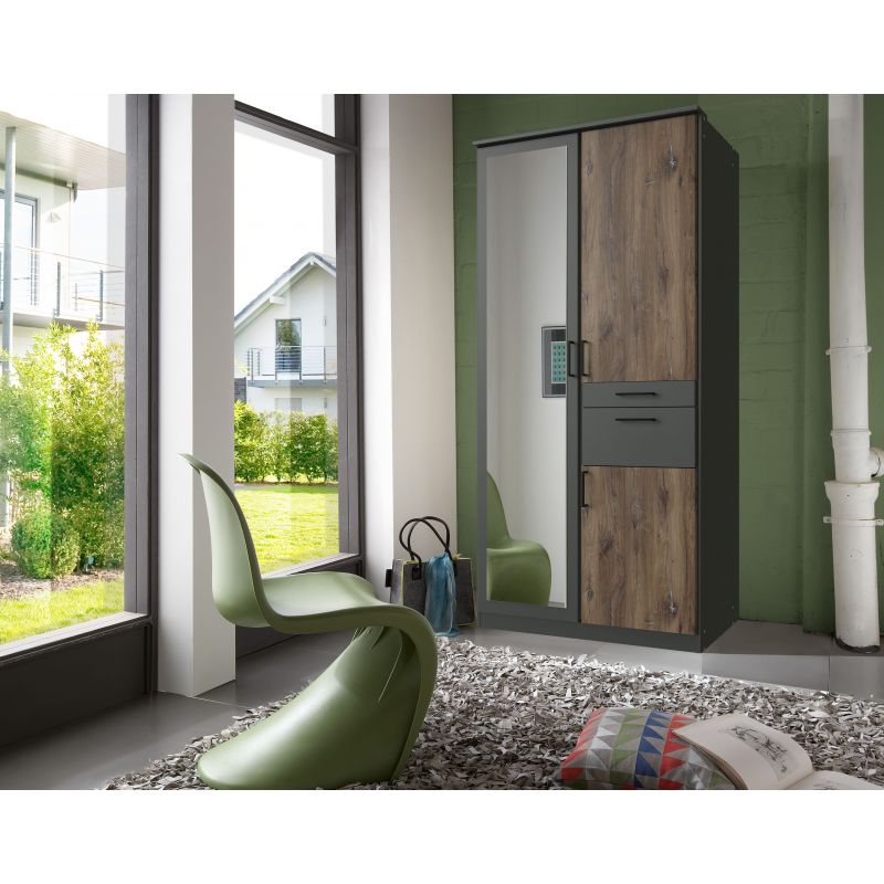 Wimex - Armoire Hennef - Gris/Chêne Foncé - 90x200x65cm