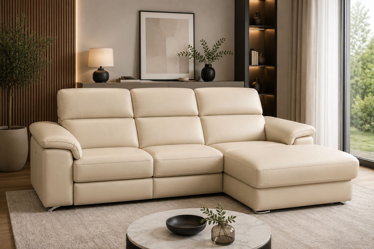 Altoni - Salon d'angle Pandora - 1 relax électrique - Cuir beige - Droite - 260x172cm