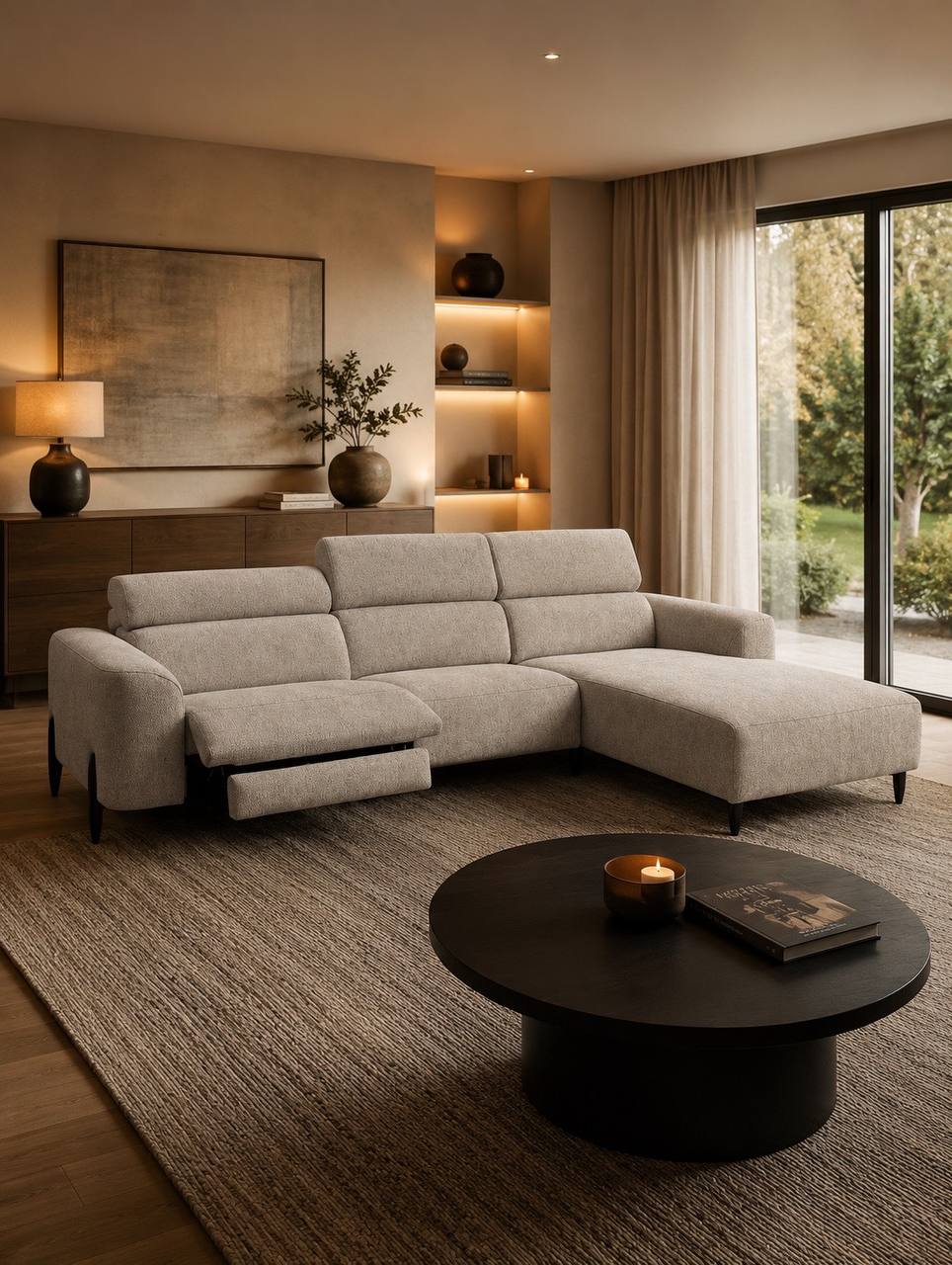 2BM - Canapé d'angle Elias - Droite - 2 relax électriques - Tissu taupe - 317x200cm