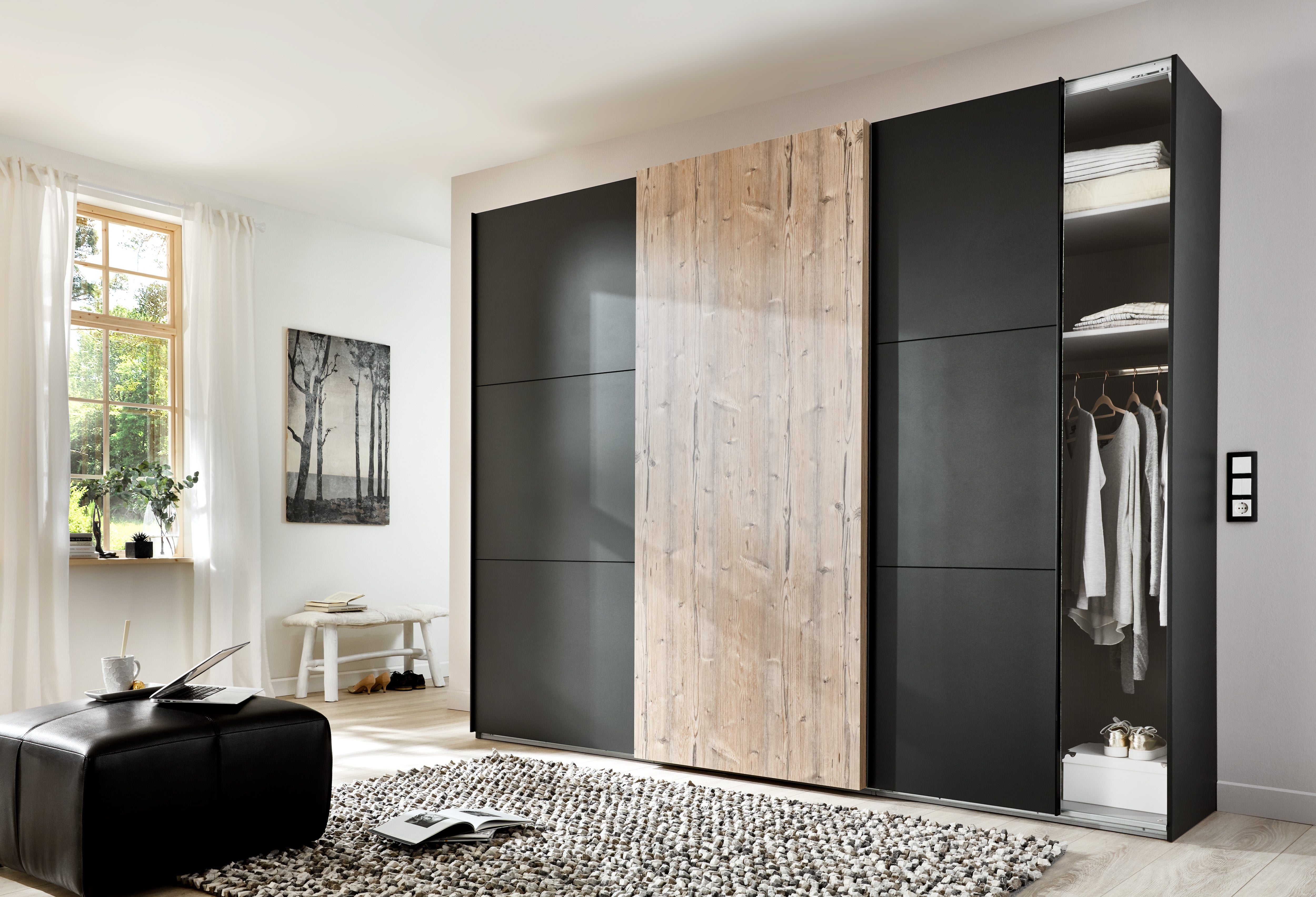 Wimex - Schuifdeur Kleerkast Portfield - 3 Deuren - Grafiet en Eiken - 300x65x216 cm