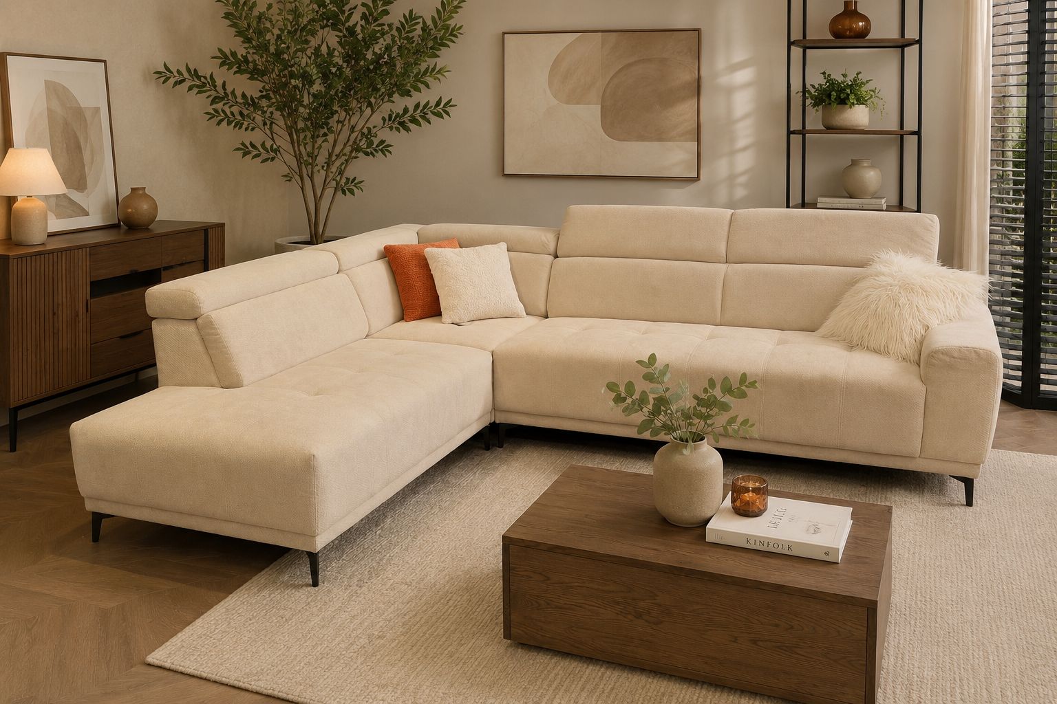 2BM - Canapé Sergio - Gauche - Appuis-tête réglables - Tissu écru - 233x305cm