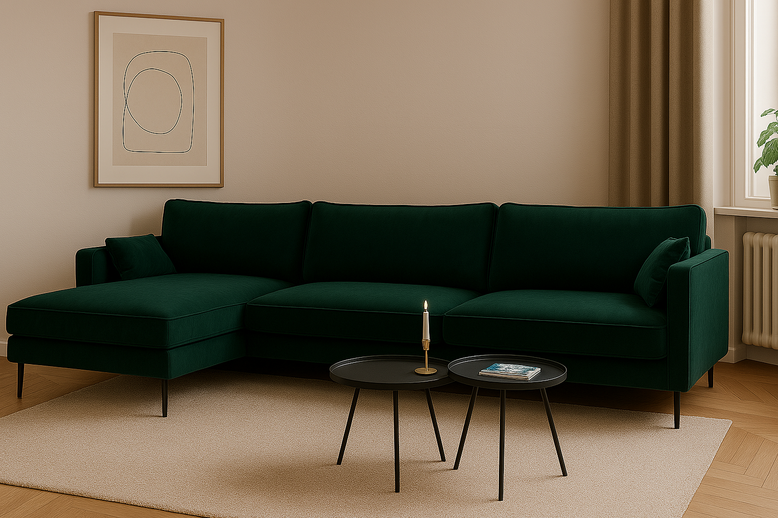 Salon d'angle 2BM Raven - Gauche - Velours vert - 160x255 cm