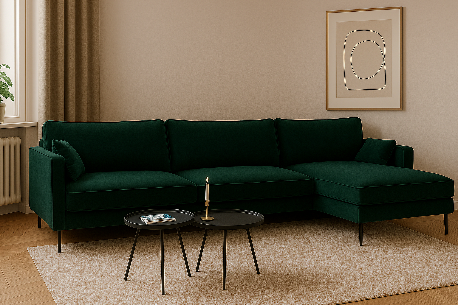 Canapé d'angle Raven 2BM - Droit - Velours vert - 160x255 cm